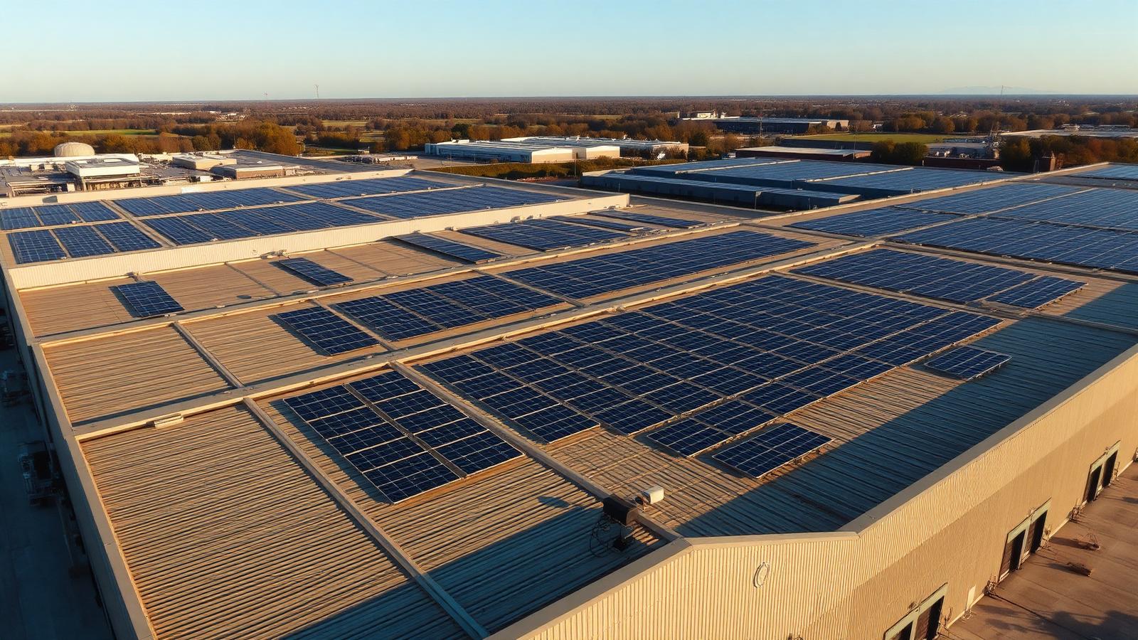 Toiture industrielle équipée de panneaux photovoltaïques en France